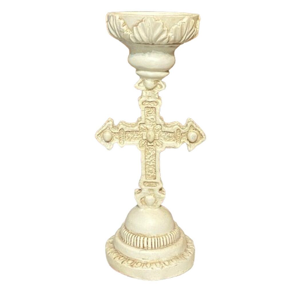 Candle Holder Cross Off White Distressed Resin 6.75" Height with a 2.25" Base